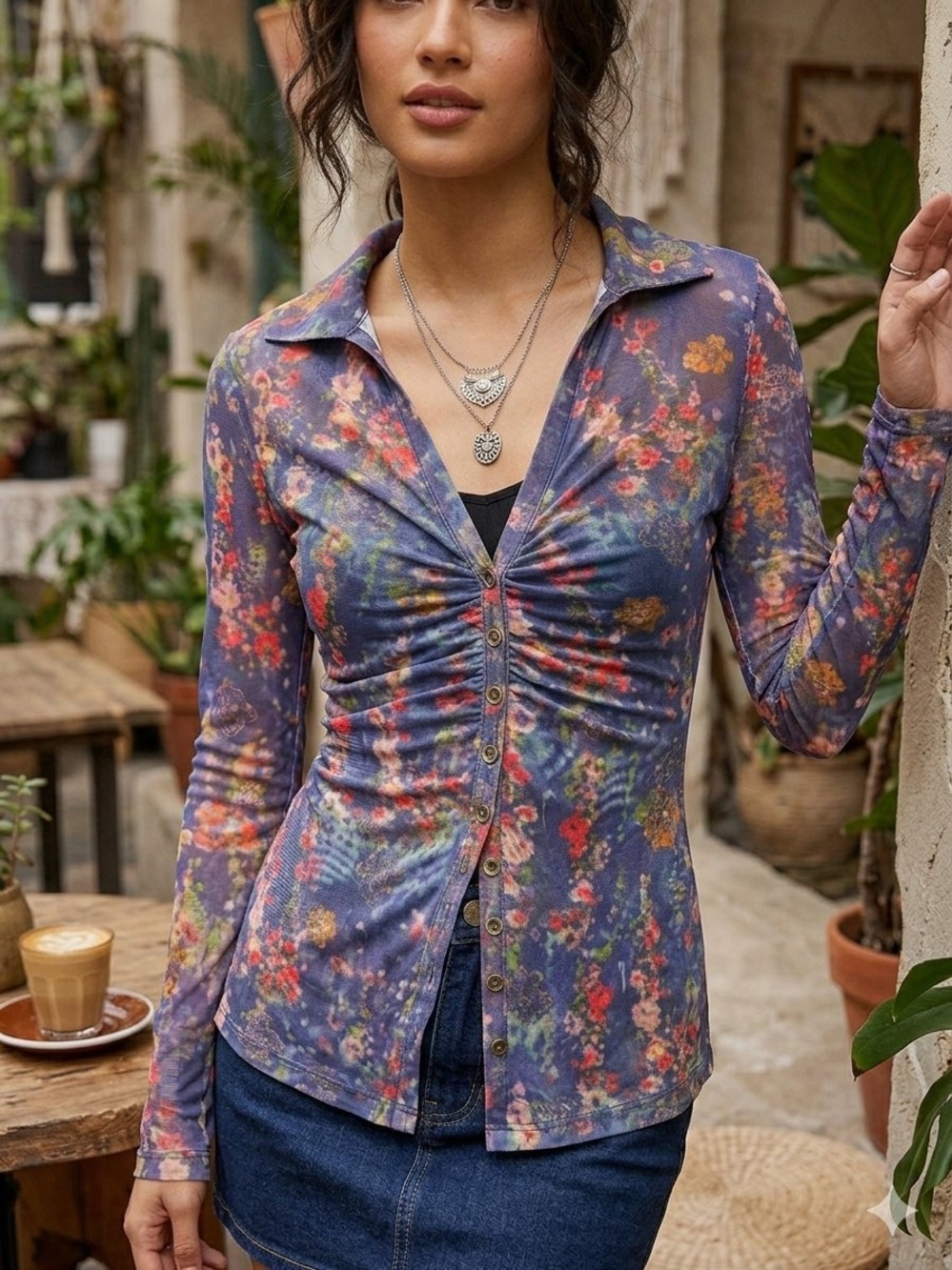 Natural Life Mesh Floral Ruched Button Down Top M